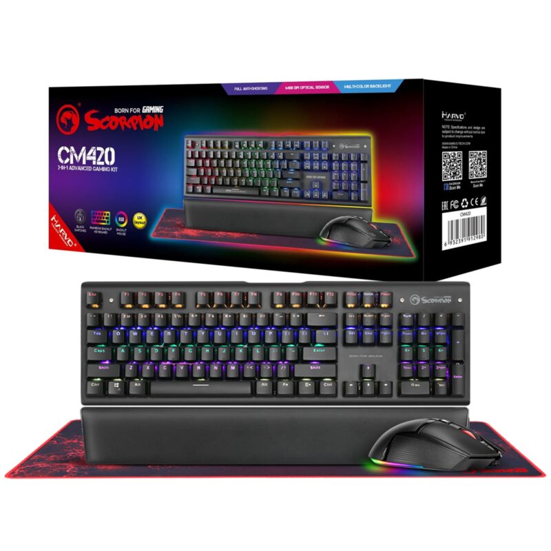 Marvo Scorpion CM420-UK 3-in-1 Gaming Bundle, Wired Keyboard, Mouse and Mouse Pad