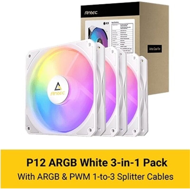 Antec P12R ARGB PWM 120mm Fan 3 Pack - 4-Pin, White, High-Airflow Cooling, 9-Blade Design with Anti-Vibration Pads