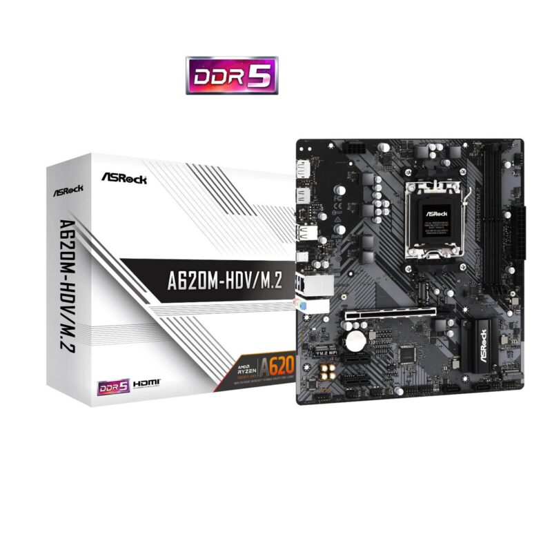 ASRock A620M-HDV/M.2 AMD AM5 Socket Motherboard, Micro-ATX, 2x DDR5 Slots, 1x M.2 Socket, GbE LAN, 1x DisplayPort / 1x HDMI Port