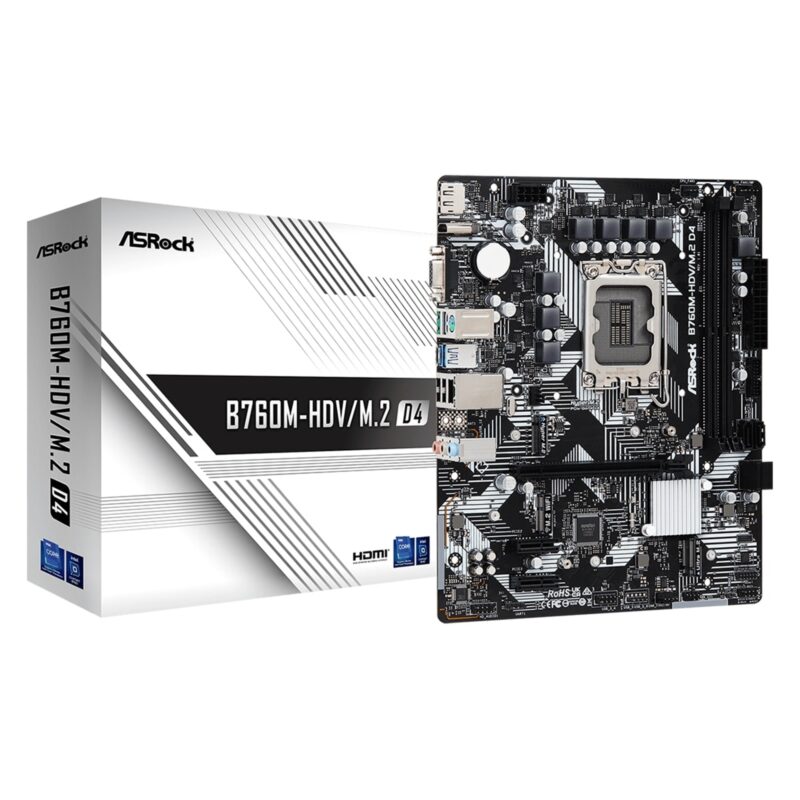 Asrock B760M-HDV/M.2 D4, Intel B760, 1700, Micro ATX, 2 DDR4, VGA, HDMI, DP, GB LAN, PCIe4, 2x M.2